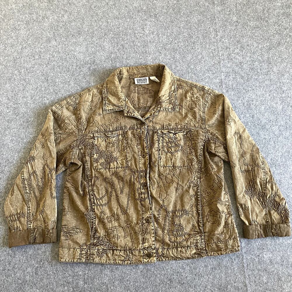 Vintage Chico's Design 100% Cotton Embroidered Jacket Size 1 (M) Brown / Tan